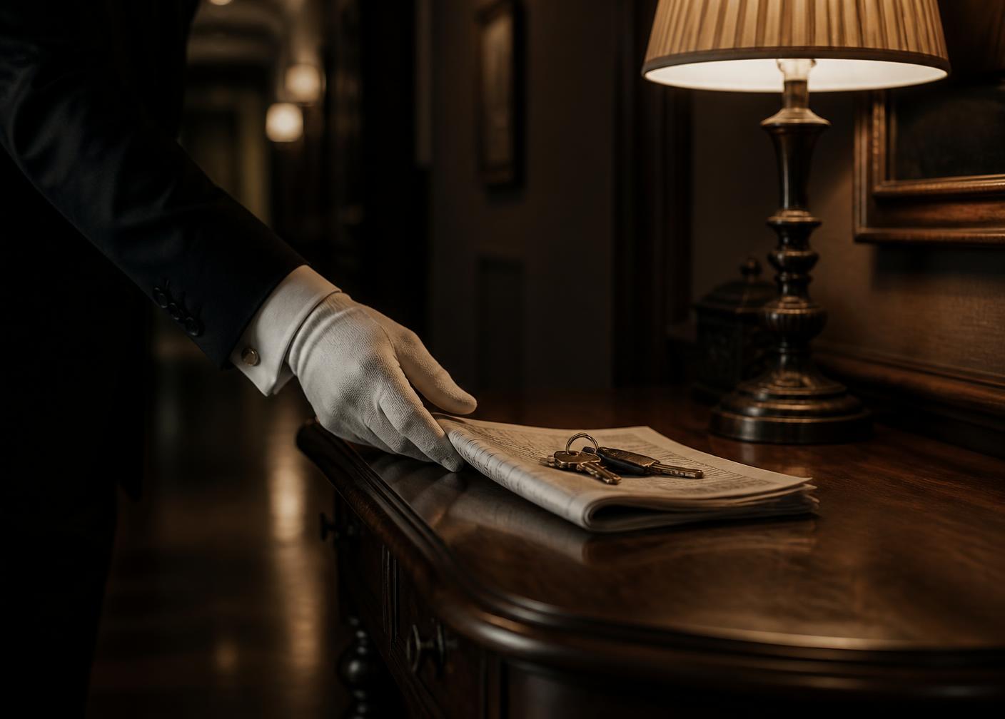 Butler legt een krant en sleutels op een donkere console in een elegante hal
