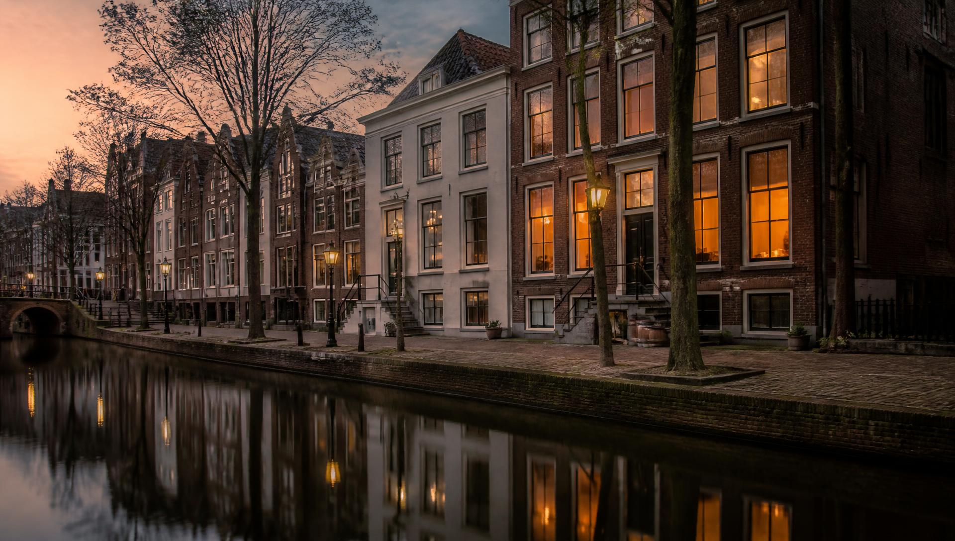 PQ Solutions werkgebied: Utrechtse grachtenpanden bij schemering met warm licht in het water